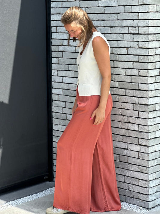 NINA Satin Pants By Mei-Li --  Terracotta